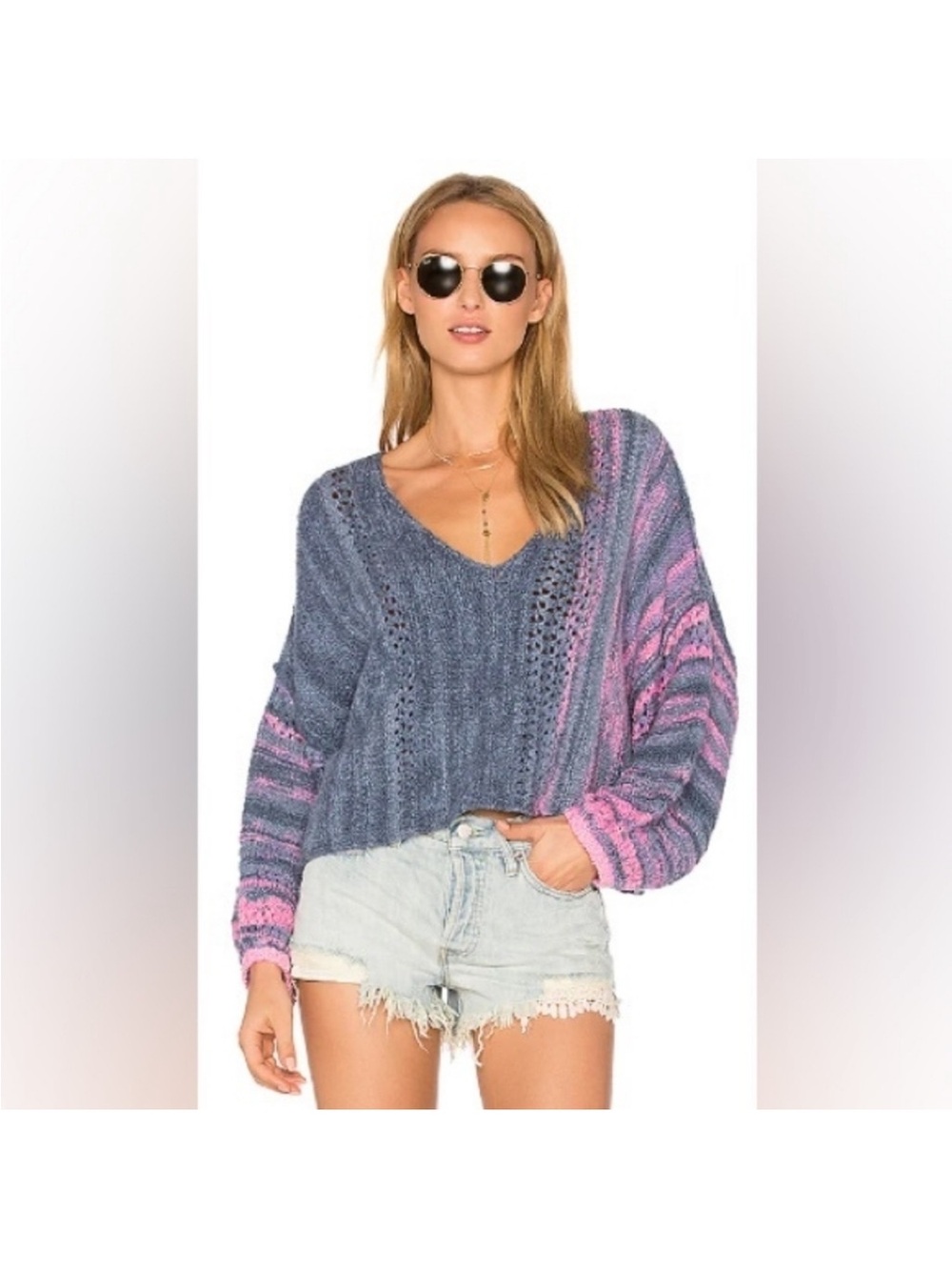 Free People blue  and Pink V-Neck Cropped Women's Sweater, xS, balloon sleeves
